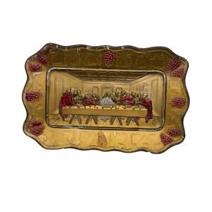 Goofus Glass Last Supper Jesus Tray Hand Painted Carnival Glass Gold Red 11"x7"